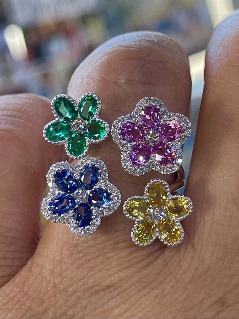 18K White Gold Rainbow Sapphire, Emerald and Diamond Flower Multicolor Ring 9
